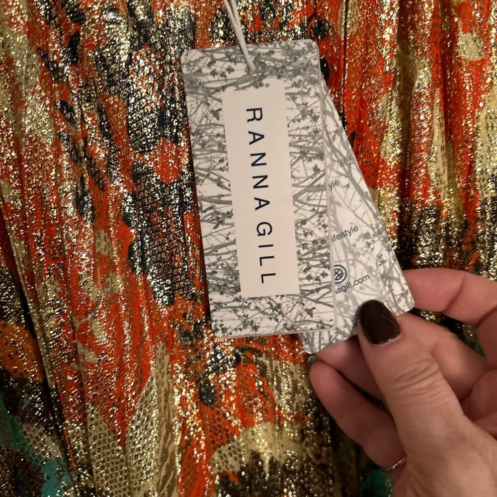 Ranna Gill Women's Orange Green Shimmer Sleeveless Zuri Midi Dress Size M - Picture 6 of 6